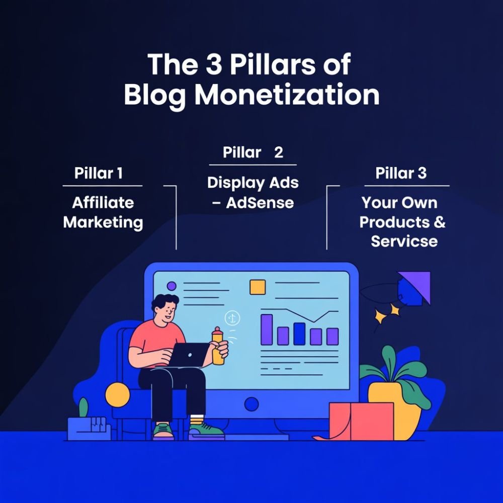 The three main pillars explaining how to make money blogging.
