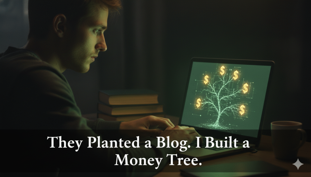 A young man patiently growing a digital money tree on his laptop, symbolizing the strategic way to make money from blogging.