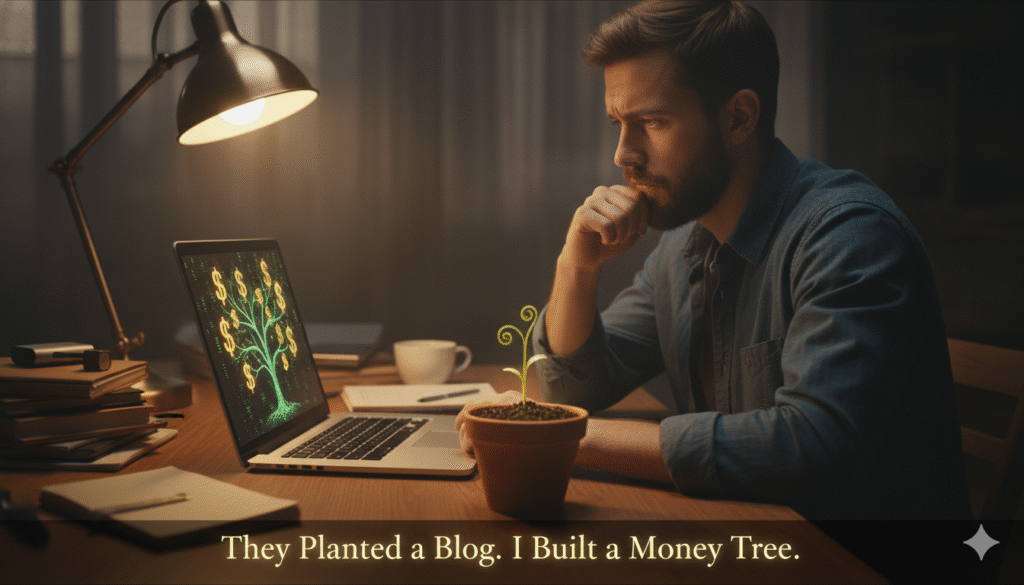 A young man patiently growing a digital money tree on his laptop, symbolizing the strategic way to make money from blogging.