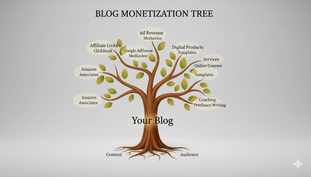 An infographic tree diagram showing how a central blog can branch out into multiple, interconnected income streams, a key strategy to make money from blogging.