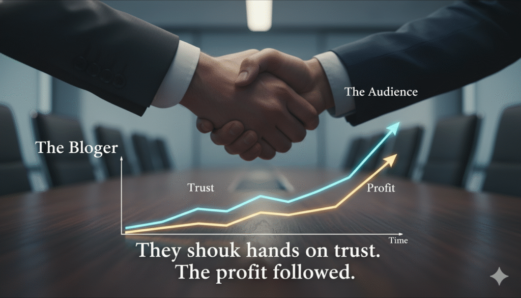 A handshake symbolizing the bond of trust between a blogger and their audience, which is the foundation of ethical affiliate marketing to make money from blogging.