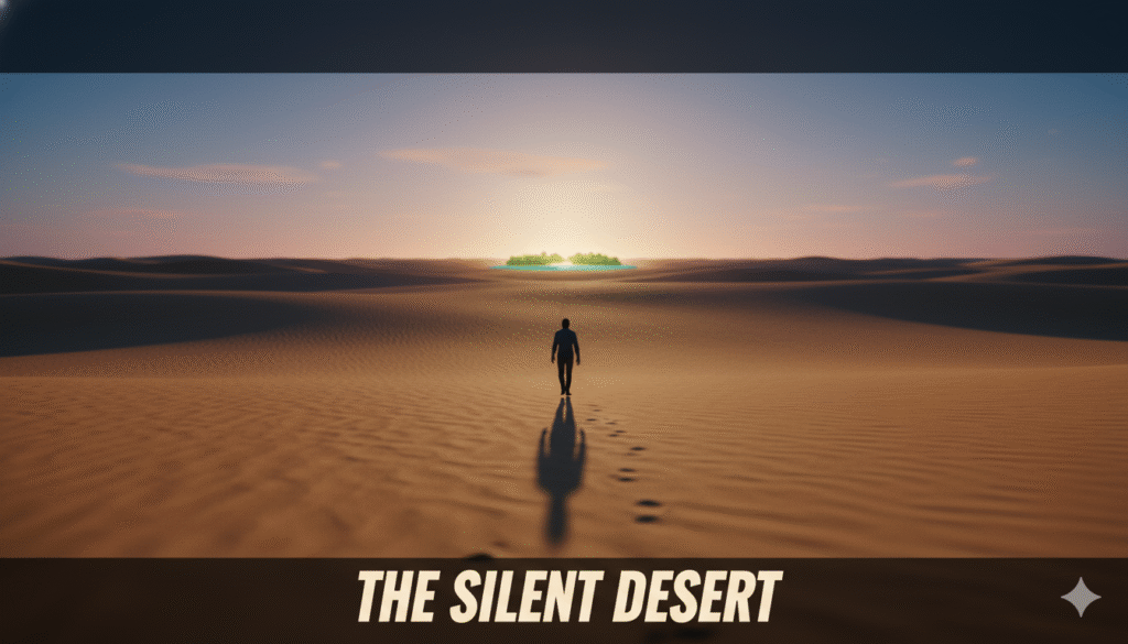 A lone blogger walking through the 'Silent Desert' phase of their journey, keeping faith in the distant oasis of success, a metaphor for the early days of trying to make money from blogging.