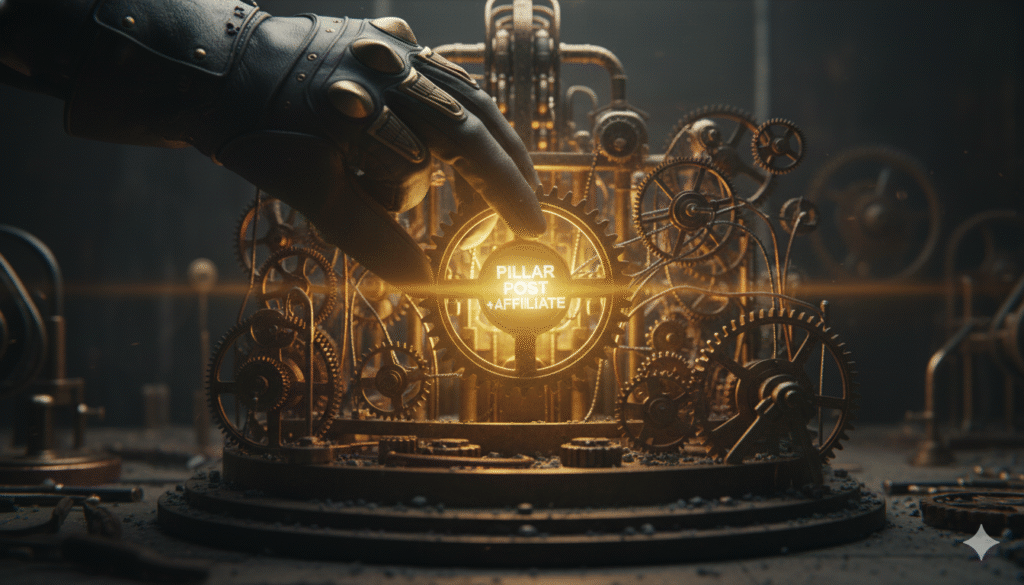 An engineer placing the first critical gear, representing a pillar post and affiliate offer, into a machine, illustrating the first step to make money from blogging.