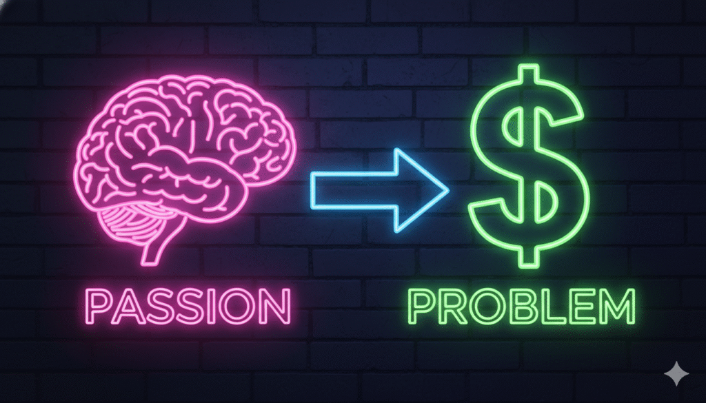 A diagram showing that solving a painful problem is a more direct path to profit than just following passion, a key niche finder principle.