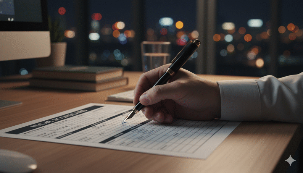 A person methodically filling out a Niche Scorecard, a key tool in the niche finder system for data-driven decisions.
