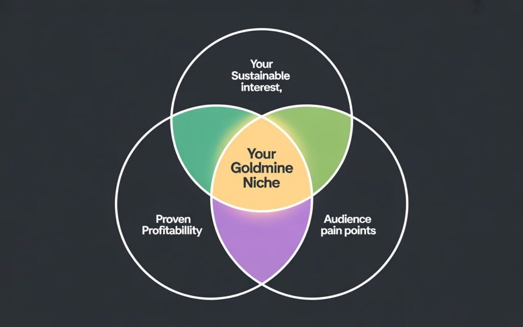 A Venn diagram showing how to choose a niche for a blog by combining passion, profitability, and problems.