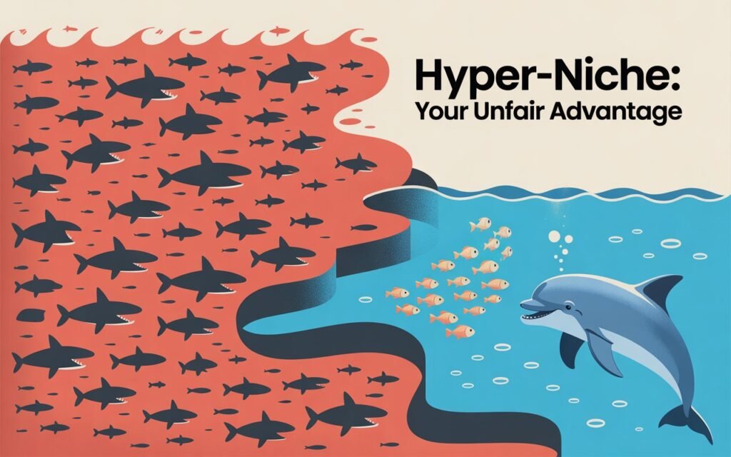 An illustration showing how to choose a niche for a blog by finding a 'blue pond' inside a 'red ocean'.