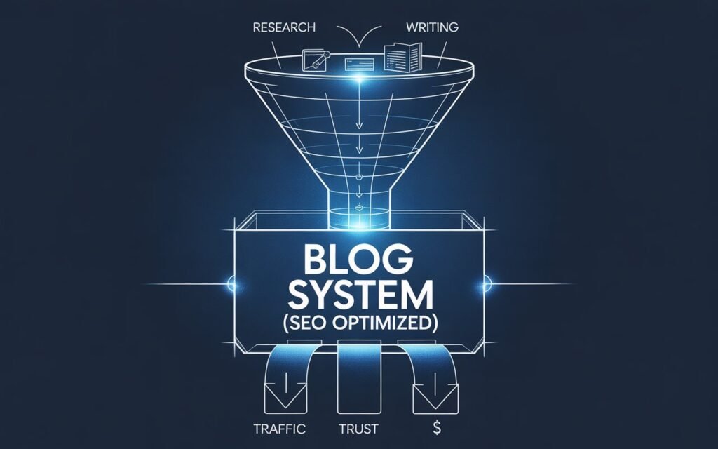A diagram showing what blogging is as a system for generating traffic, trust, and revenue.