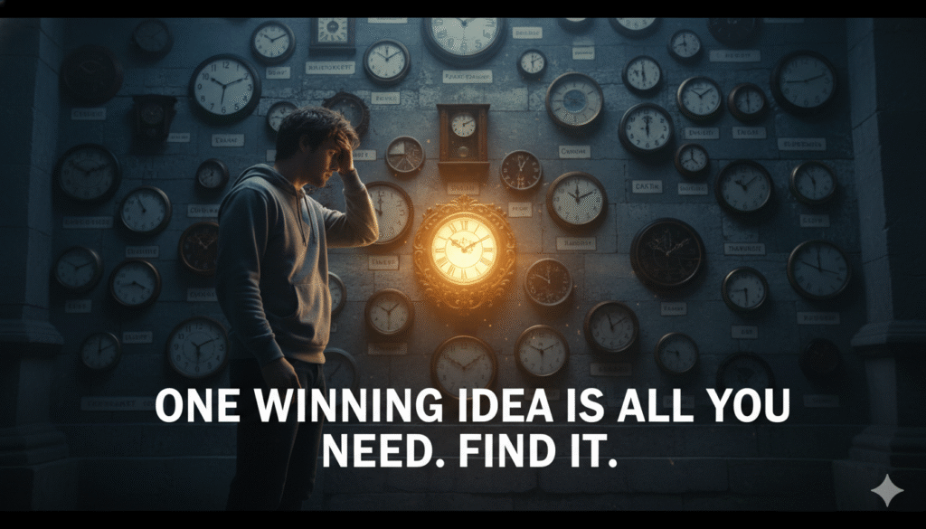 A young entrepreneur overwhelmed by ideas, finding clarity with a single glowing niche finder concept.