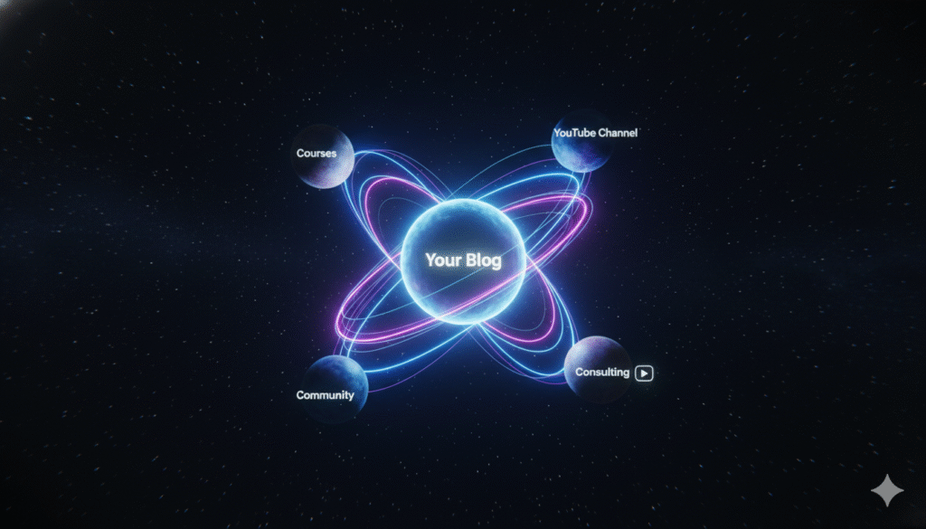 A futuristic diagram of an interconnected ecosystem with a blog at its core, showing the Elon Musk philosophy applied to make money from blogging.