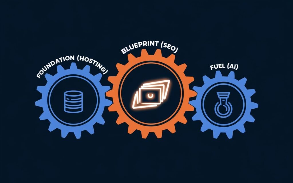 Three interlocking gears representing Hosting, SEO, and AI, working together as a 'Content Engine' to power a successful blog.