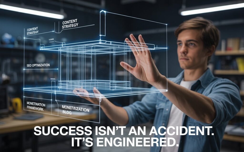 A young entrepreneur engineering the blueprint for a successful blog, answering the question 'how do i start a successful blog' with a strategic plan.