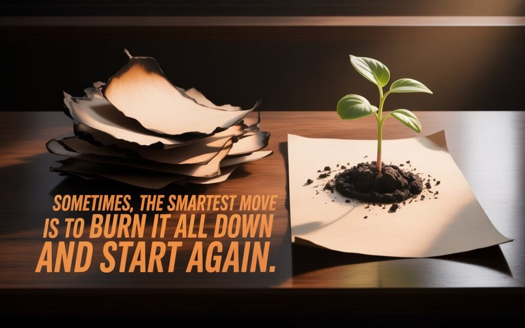 A desk showing burned, failed ideas on one side and a single, successful blueprint on the other, symbolizing the core of this blogging advice for beginners.