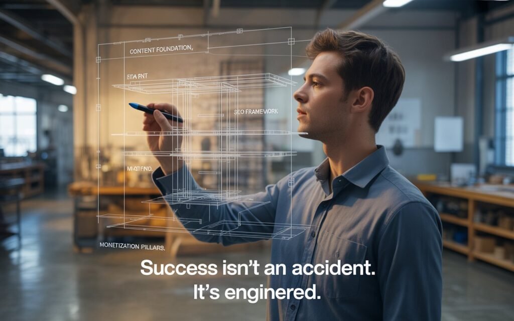 A young entrepreneur engineering the blueprint for a successful blog, answering the question 'how do i start a successful blog' with a strategic plan.