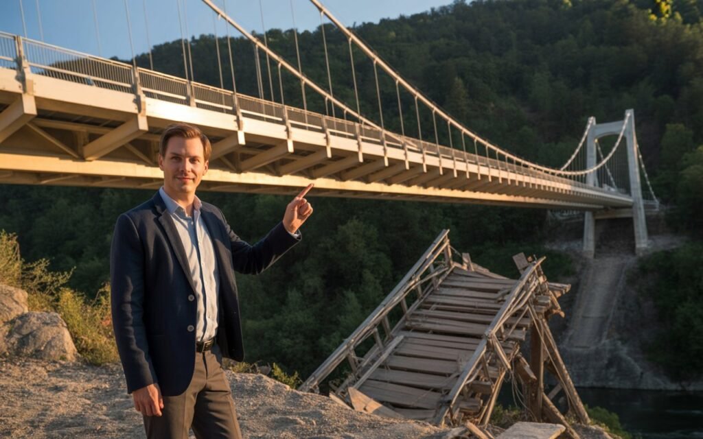 A well-engineered bridge standing strong while a poorly built one collapses, symbolizing the importance of strategic content over random publishing—a core piece of blogging advice for beginners.