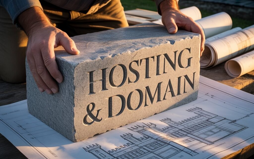 A hand laying the first cornerstone, labeled 'Hosting & Domain,' for a massive castle, symbolizing the foundational step in starting a successful blog.