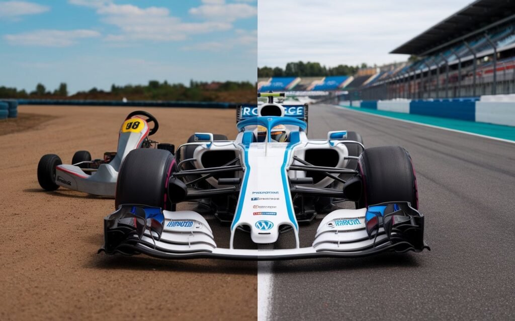 A visual comparison between a basic go-kart and a Formula 1 car, illustrating the difference between free platforms and a professional setup when starting a successful blog.