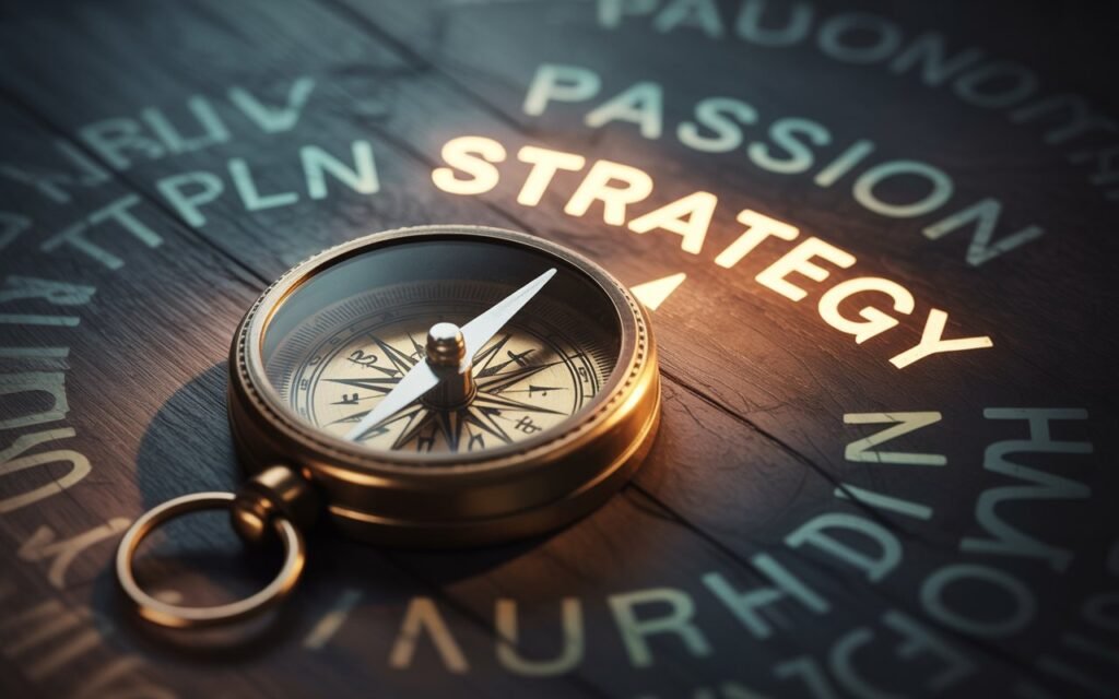 A compass pointing directly to the word 'Strategy' instead of North, illustrating the true direction needed to start a successful blog.