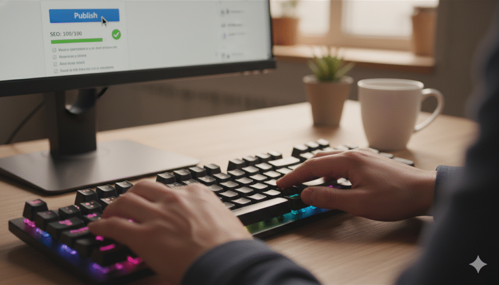 Clicking publish on the best blog post with perfect SEO score.