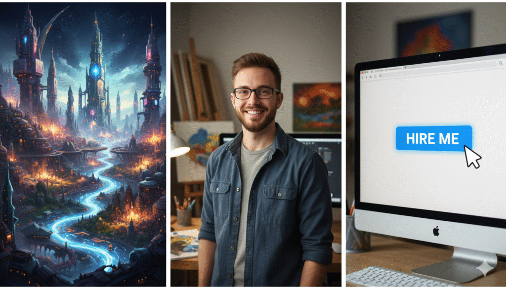 The three essential pages for a portfolio: the art, the artist, and the contact page, all possible with the best website builders for artists.