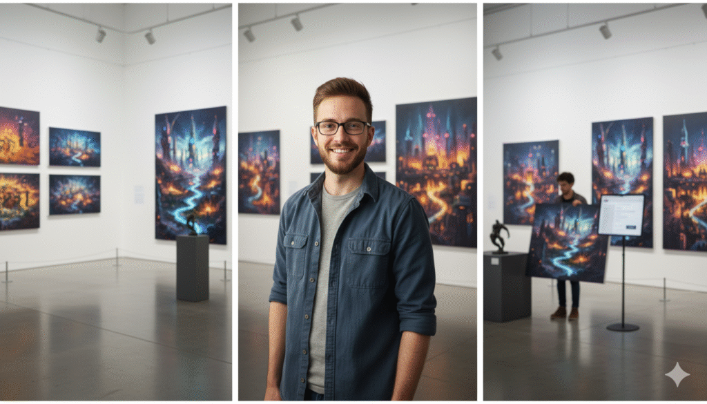 A successful artist selling their work in a gallery, a future made possible by choosing one of the best website builders for artists.